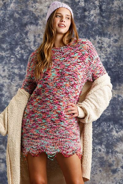 Distressed Hem Multicolored Round Neck Knit Tunic Dress - Tigbul's Variety Fashion Shop