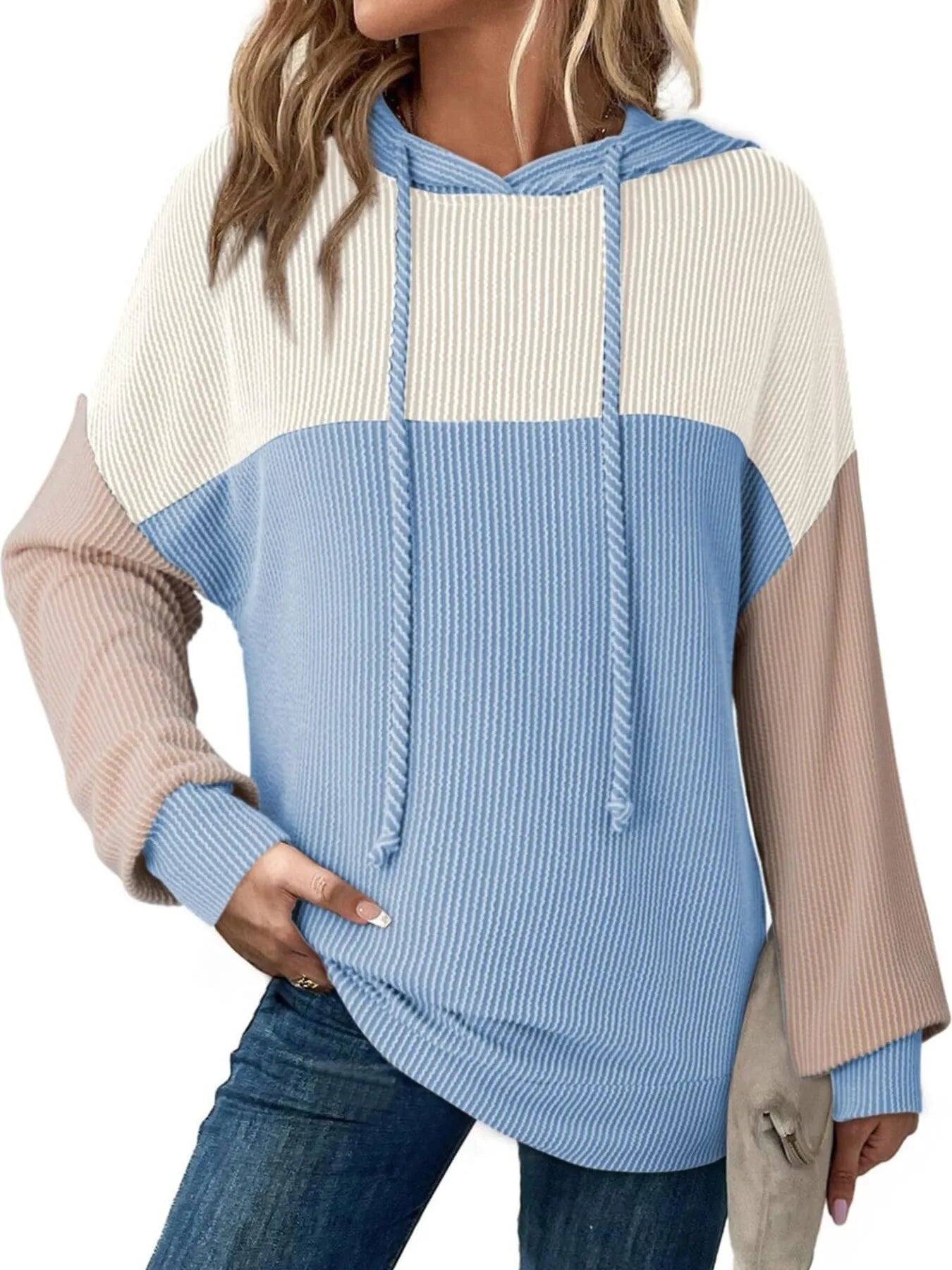 Drawstring Color Block Long Sleeve Hoodie - Tigbul's Variety Fashion Shop