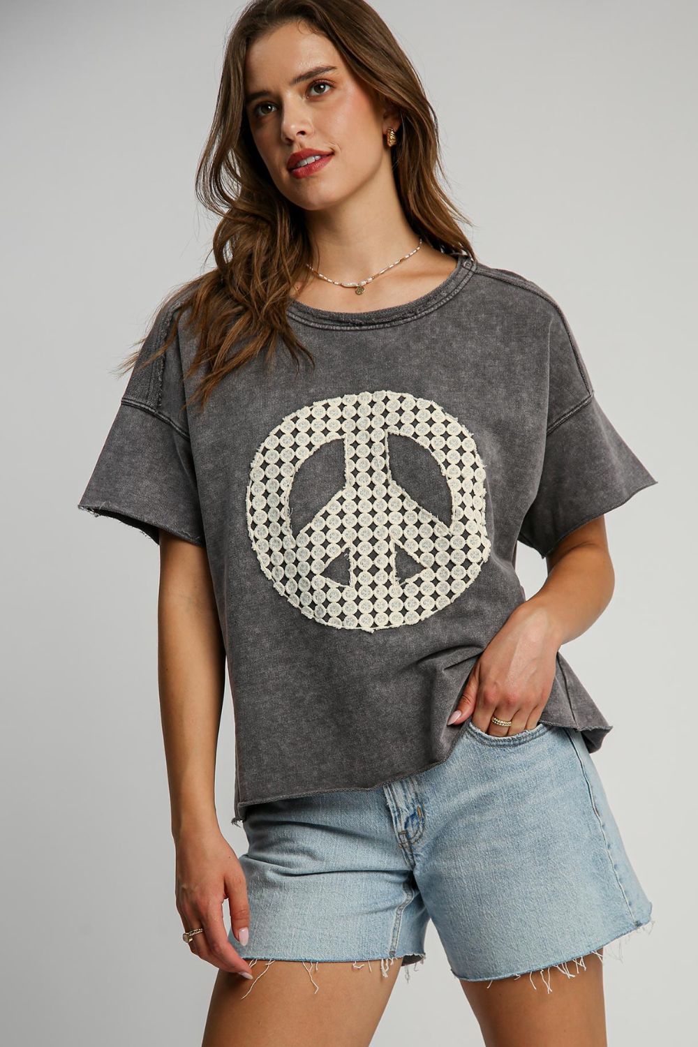 Umgee Full Size Mineral Wash T-Shirt with Lace Applique Plus Size - Tigbul's Variety Fashion Shop