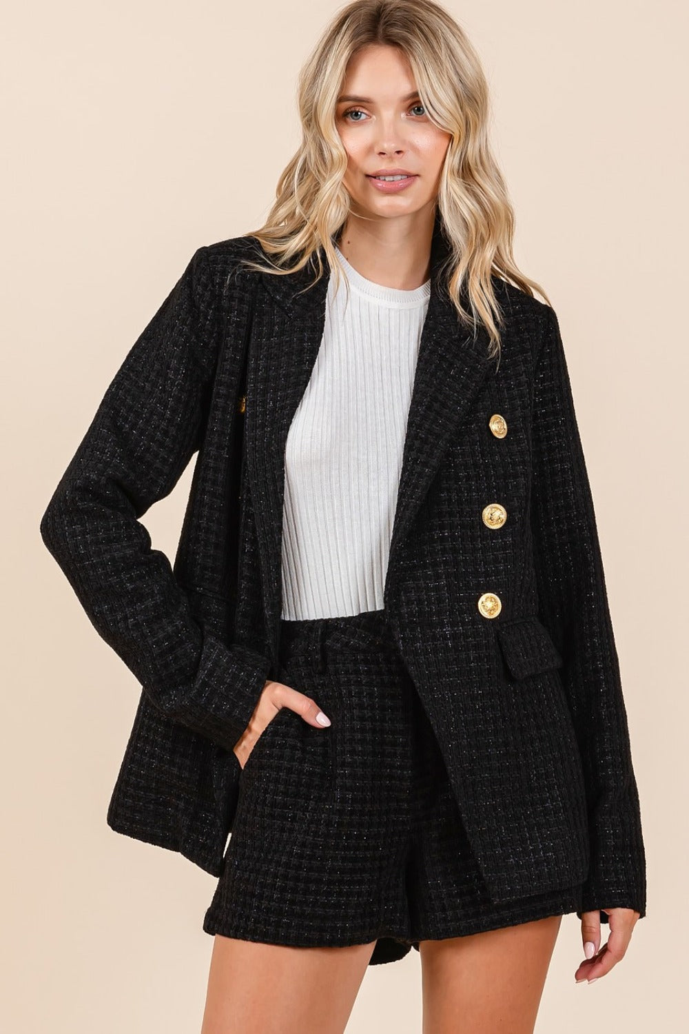 Mittoshop Plaid Texture Double-Breasted Long Sleeve Blazer - Tigbul's Variety Fashion Shop