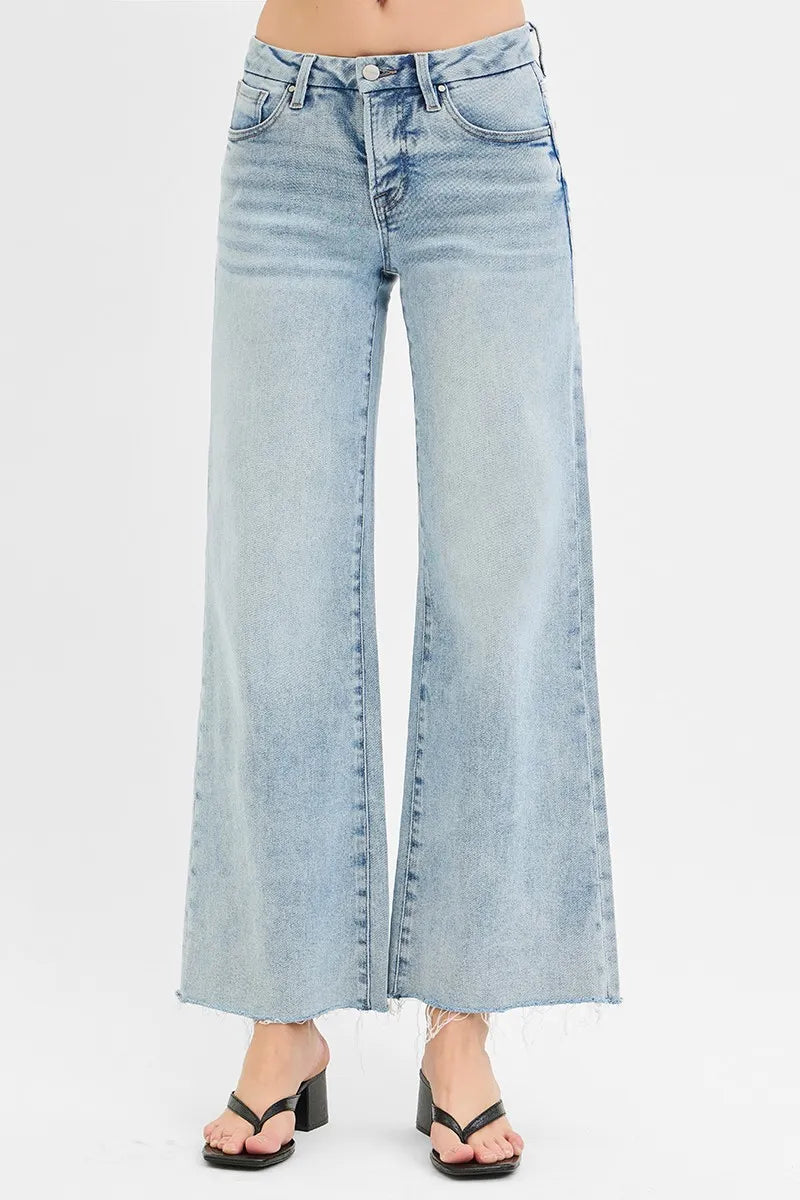 RISEN Full Size Tummy Control Low Rise Wide Leg Raw Cut Hem Jeans Plus Size - Tigbul's Variety Fashion Shop