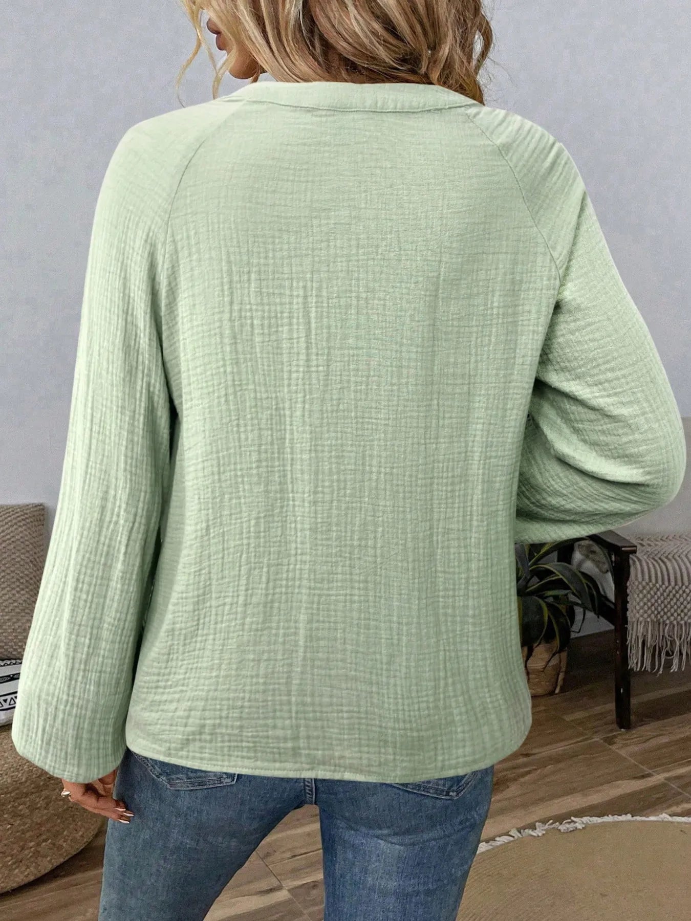 Paisley Pattern Notched Long Sleeve Blouse - Tigbul's Variety Fashion Shop