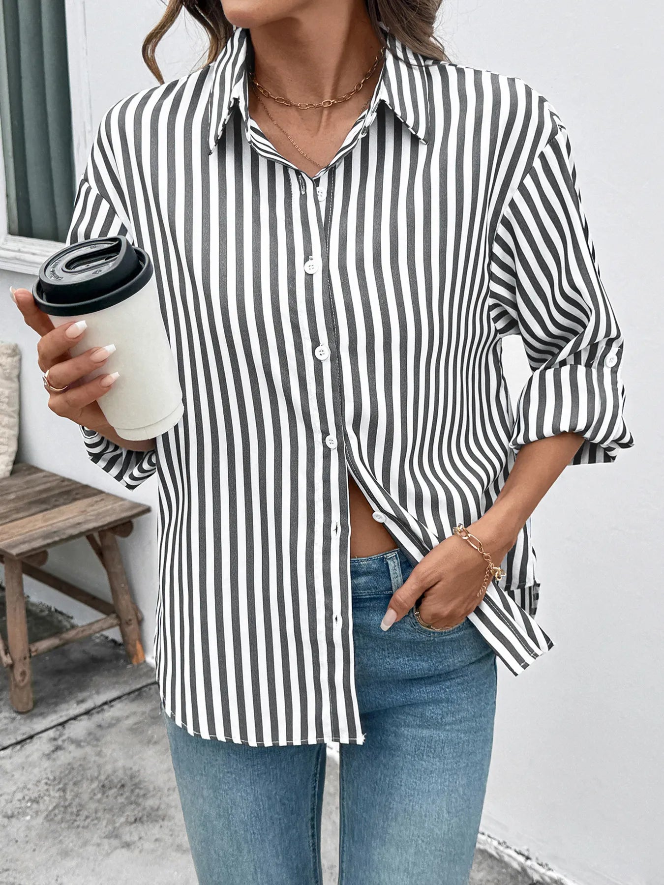Striped Oversized Button-Up Shirt - Tigbul's Variety Fashion Shop