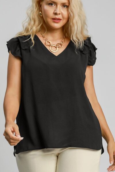 Black V-Neck Double Layered Ruffle Sleeve Blouse - Tigbul's Variety Fashion Shop