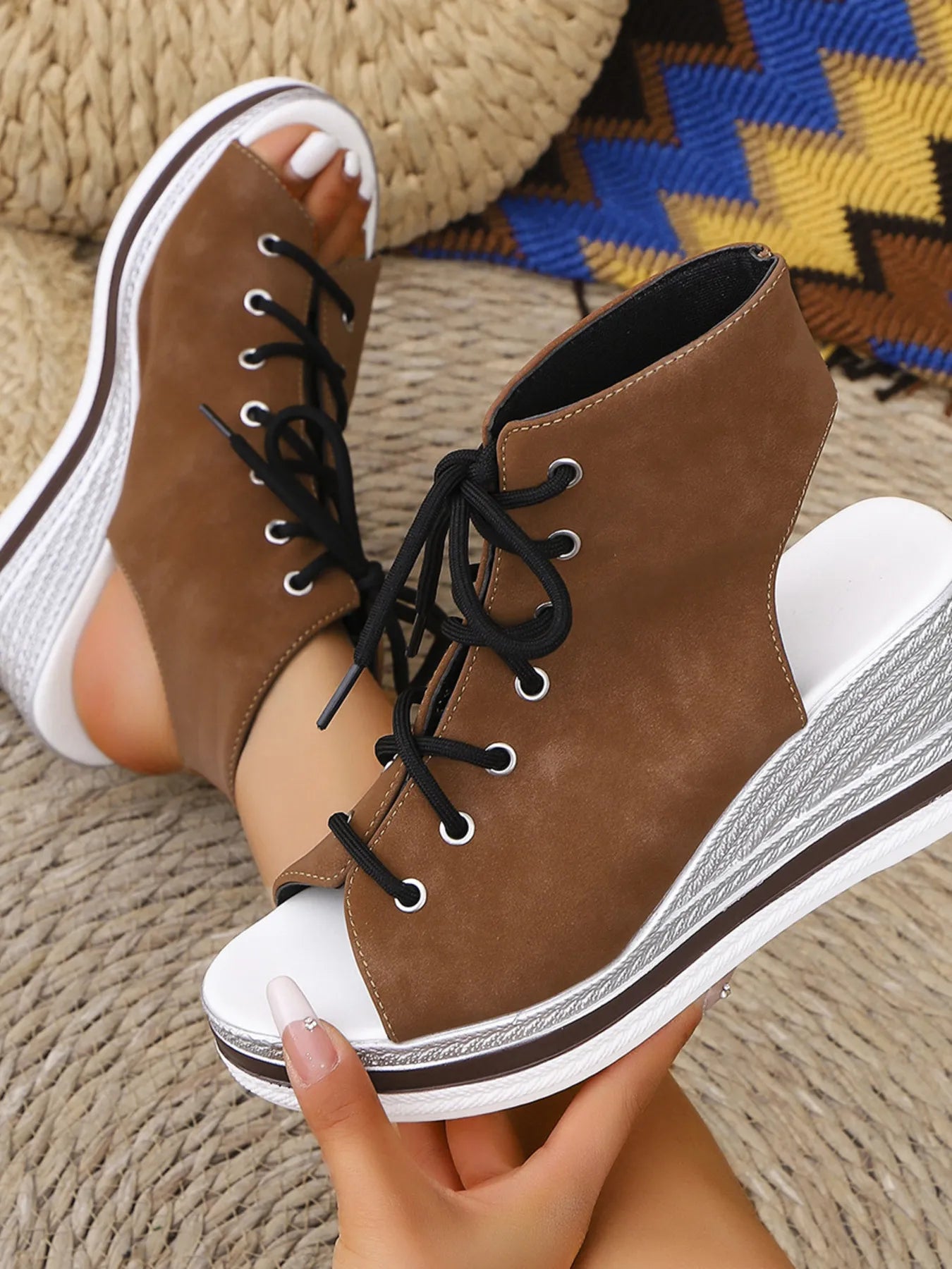 Lace Up Open Toe Wedge Sandals - Tigbul's Variety Fashion Shop