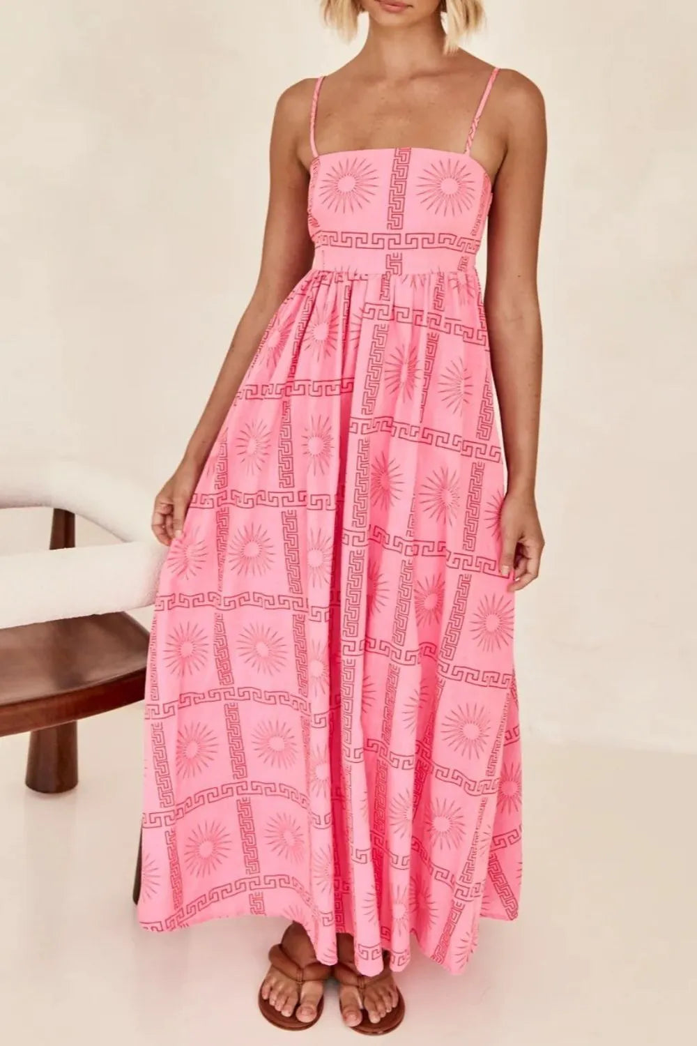 Cutout Back Printed Square Neck Maxi Cami Dress - Tigbul's Variety Fashion Shop