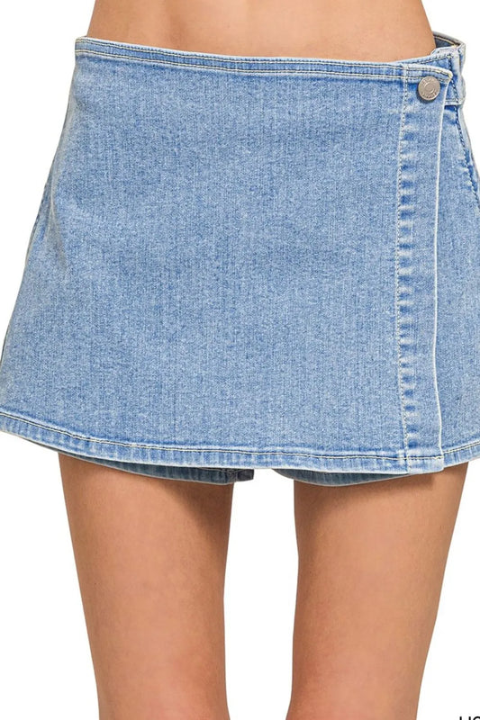 Zenana Wrap Front Skort Denim Shorts - Tigbul's Variety Fashion Shop