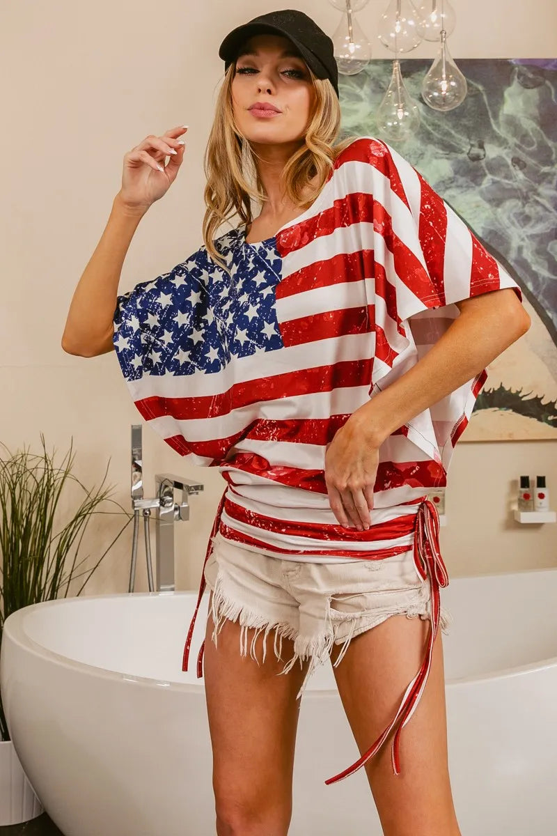 American Flag Printed Side Ruched Details Knit Top - Tigbul's Variety Fashion Shop
