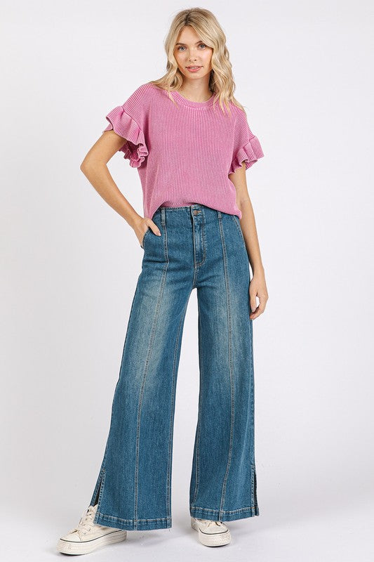 Blue Medium Wash Seam Detail Wide Leg Denim Jeans - Tigbul's Variety Fashion Shop