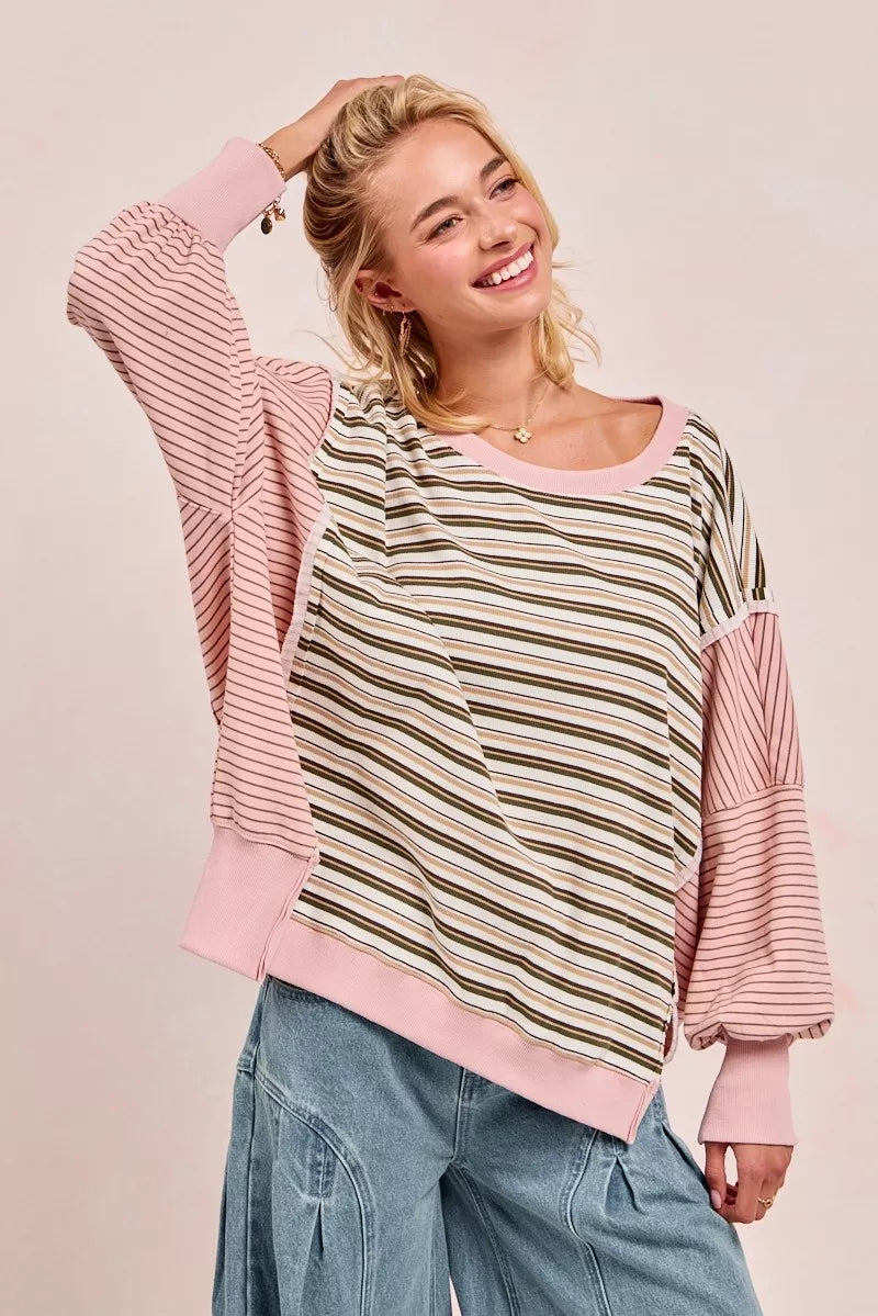 BiBi Stripe Mixed Top With Cut Edge And Reverse Outseam - Tigbul's Variety Fashion Shop