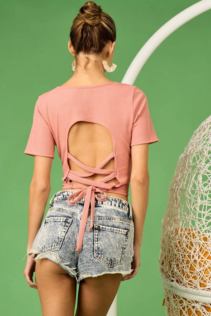 Rib Knit with Back Cross and Tied Detailed Top - Tigbul's Variety Fashion Shop