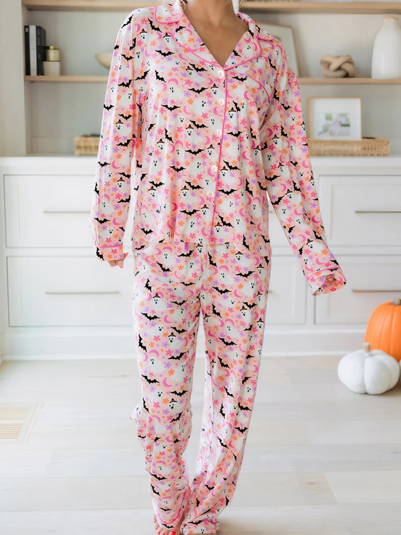 Halloween Ghost Print Button Up Top and Pants Lounge Set - Tigbul's Variety Fashion Shop