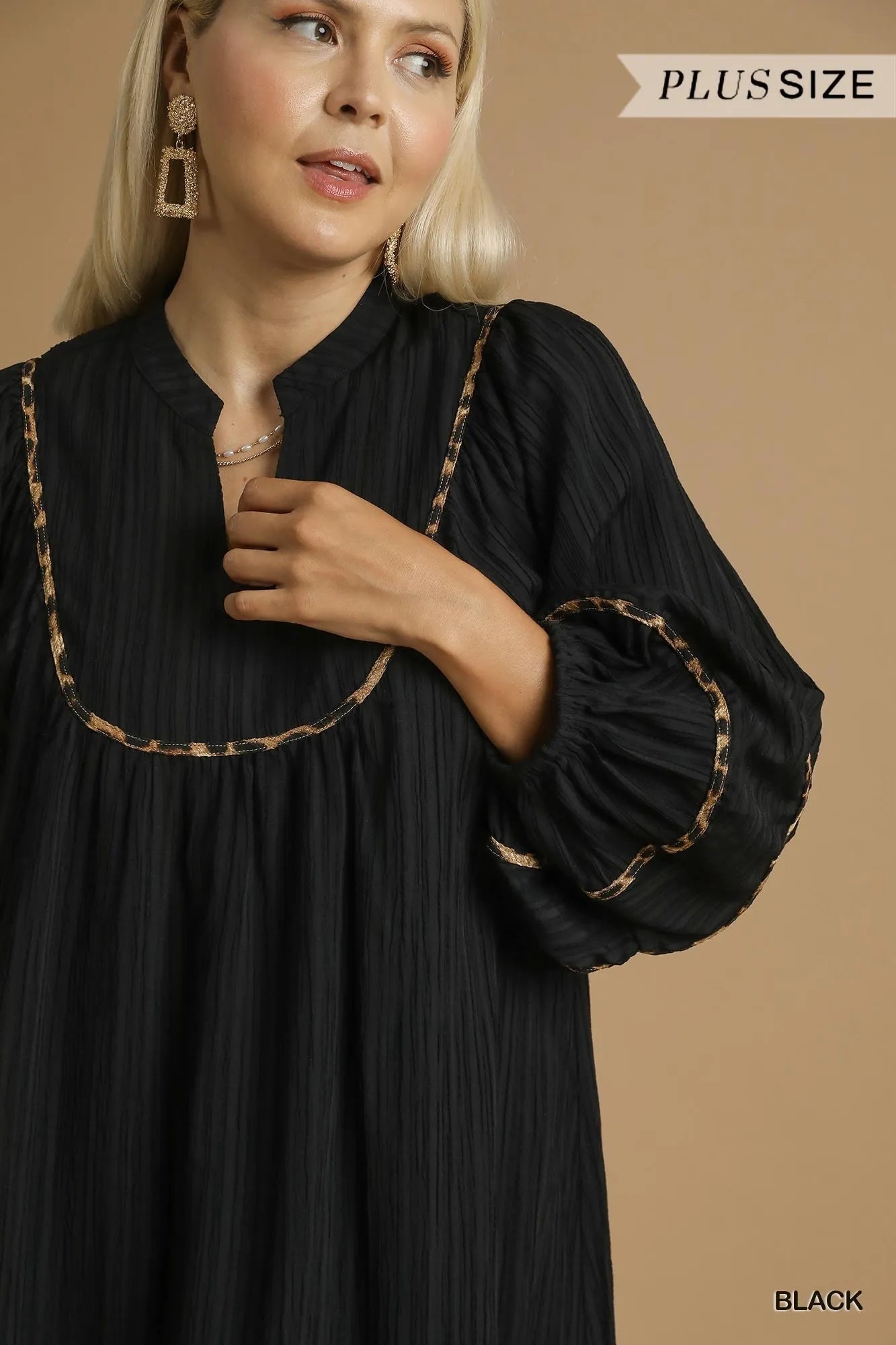 Umgee Full Size Textured Babydoll Dress with Leopard Trim Plus Size - Tigbul's Variety Fashion Shop