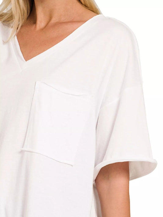 Zenana Front Pocket Raw Edge Boyfriend Tee - Tigbul's Variety Fashion Shop