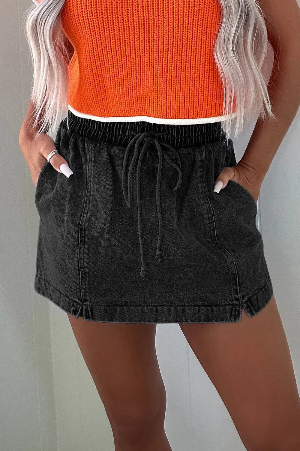 Black Drawstring High Waist Denim Shorts - Tigbul's Variety Fashion Shop