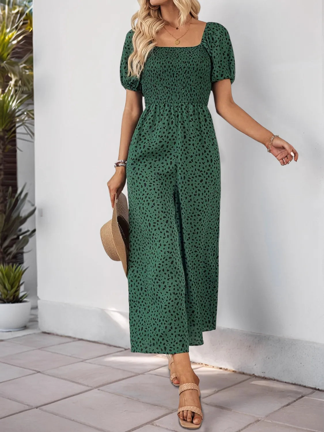 Printed Square Neck Puff Sleeve Jumpsuit - Tigbul's Variety Fashion Shop