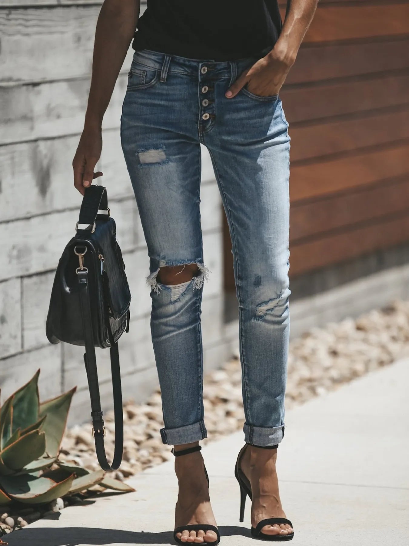 Distressed Button-Fly Skinny Jeans - Tigbul's Variety Fashion Shop