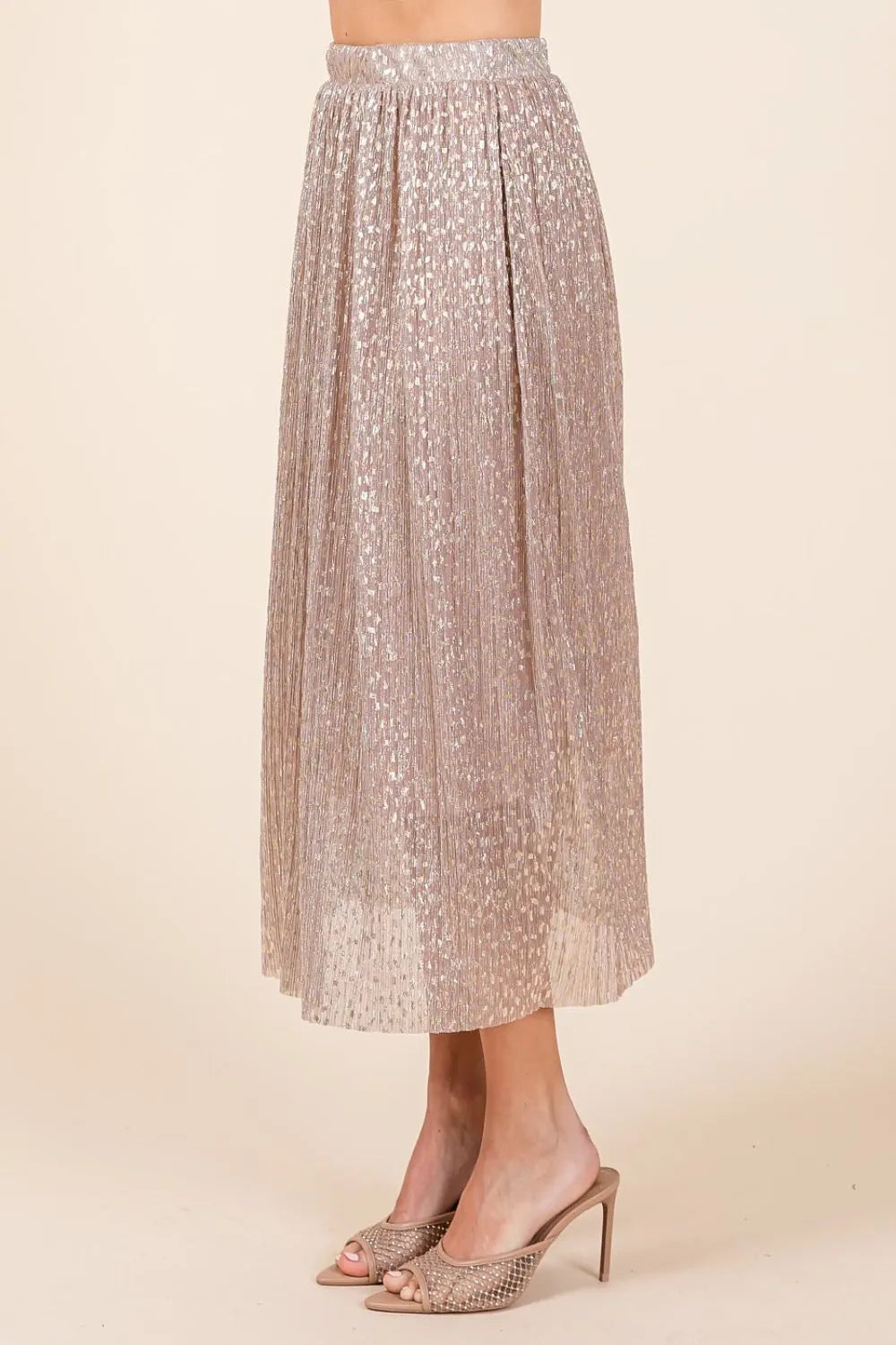 Pink Metallic Glitter Speckle Print Elastic Midi Skirt - Tigbul's Variety Fashion Shop