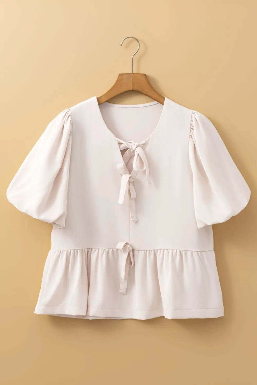 Bow Tie Short Puff Sleeve Ruffle Hem Blouse - Tigbul's Variety Fashion Shop