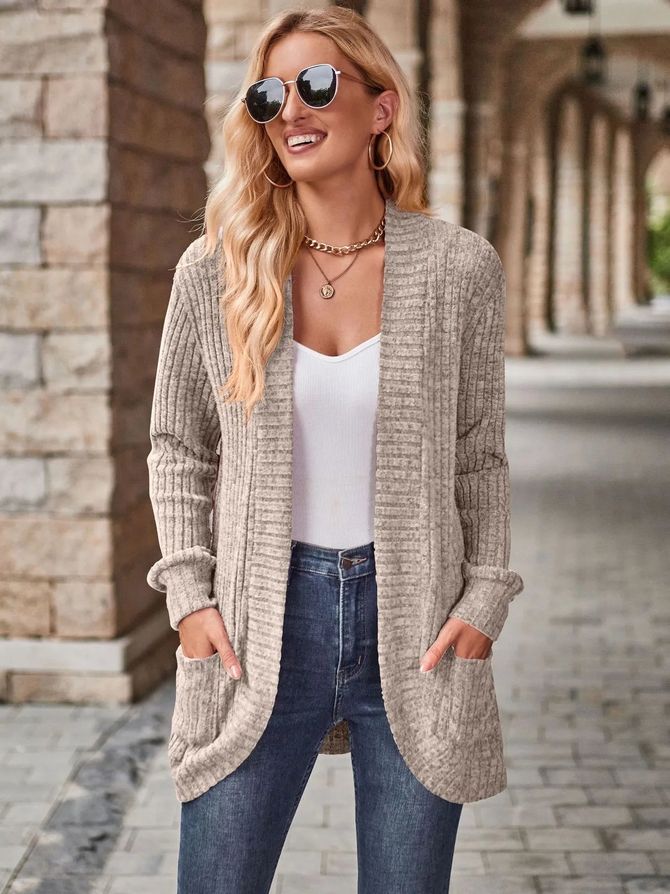 Ribbed Open Front Long Cardigan with Pockets - Tigbul's Variety Fashion Shop