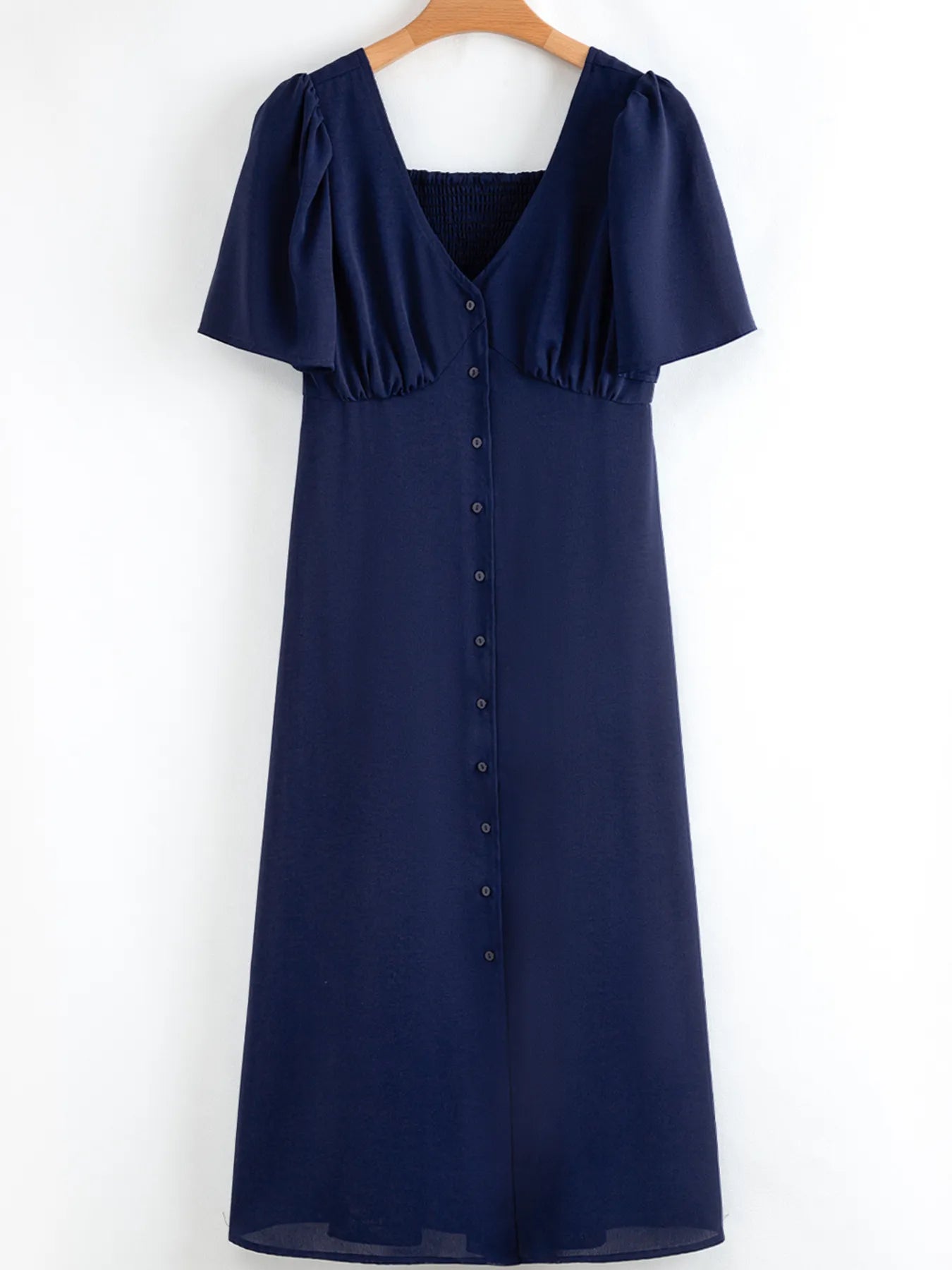 V Neck Buttoned Front Shirred Back Short Sleeve Midi Dress - Tigbul's Variety Fashion Shop