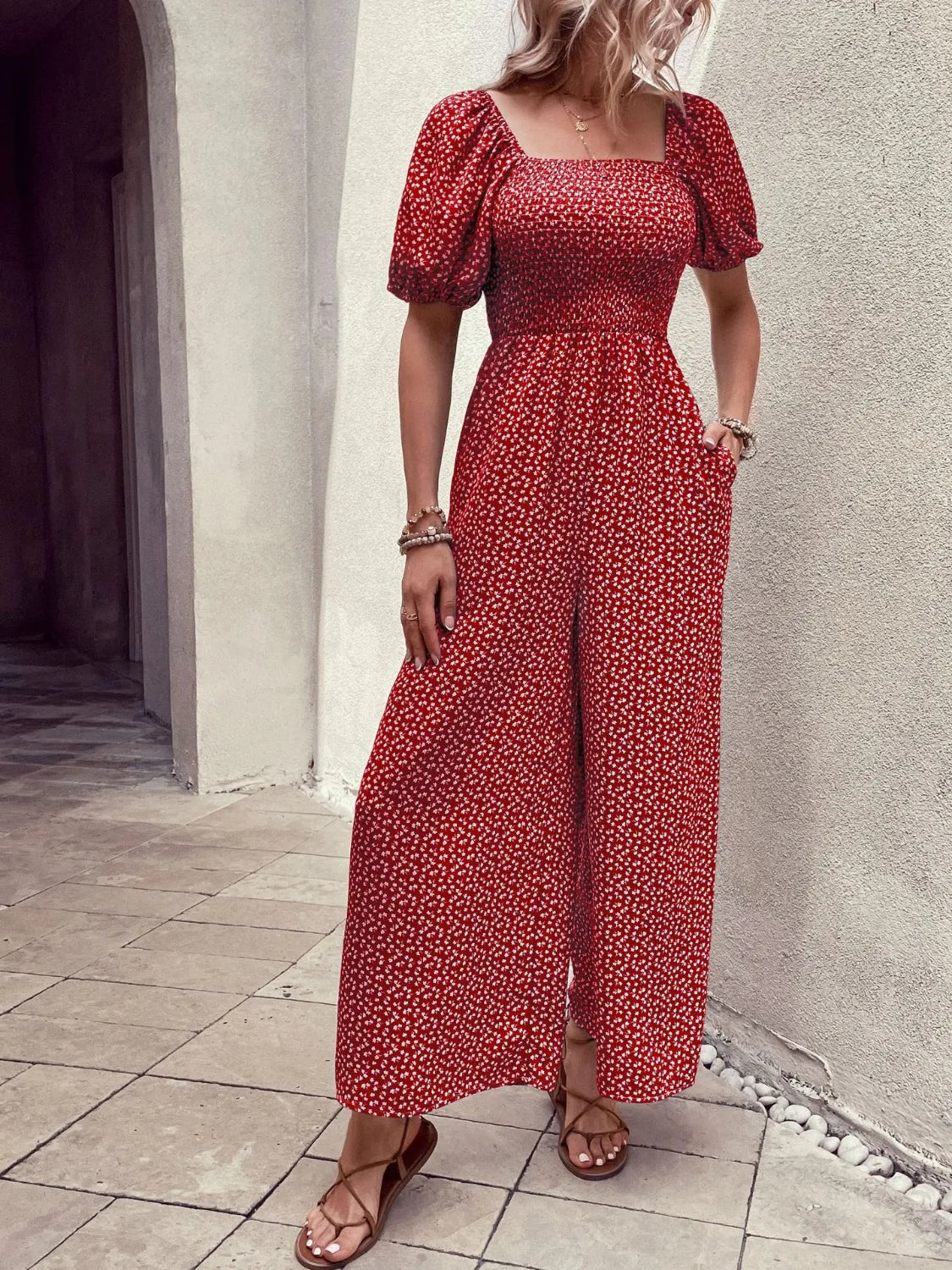 Printed Square Neck Puff Sleeve Jumpsuit - Tigbul's Variety Fashion Shop