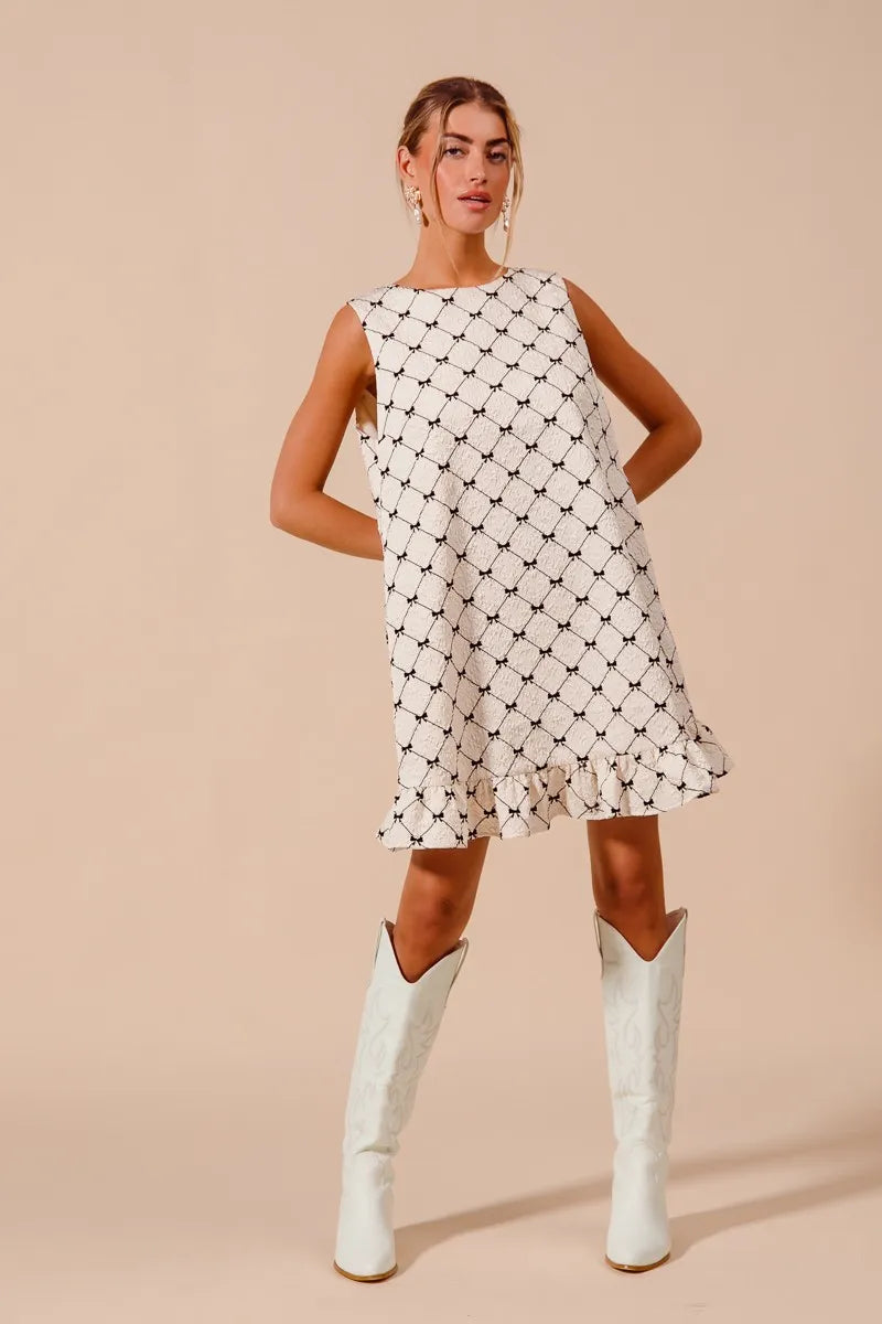 SO ME Texture Bow Printed Mini Ruffle Dress - Tigbul's Variety Fashion Shop