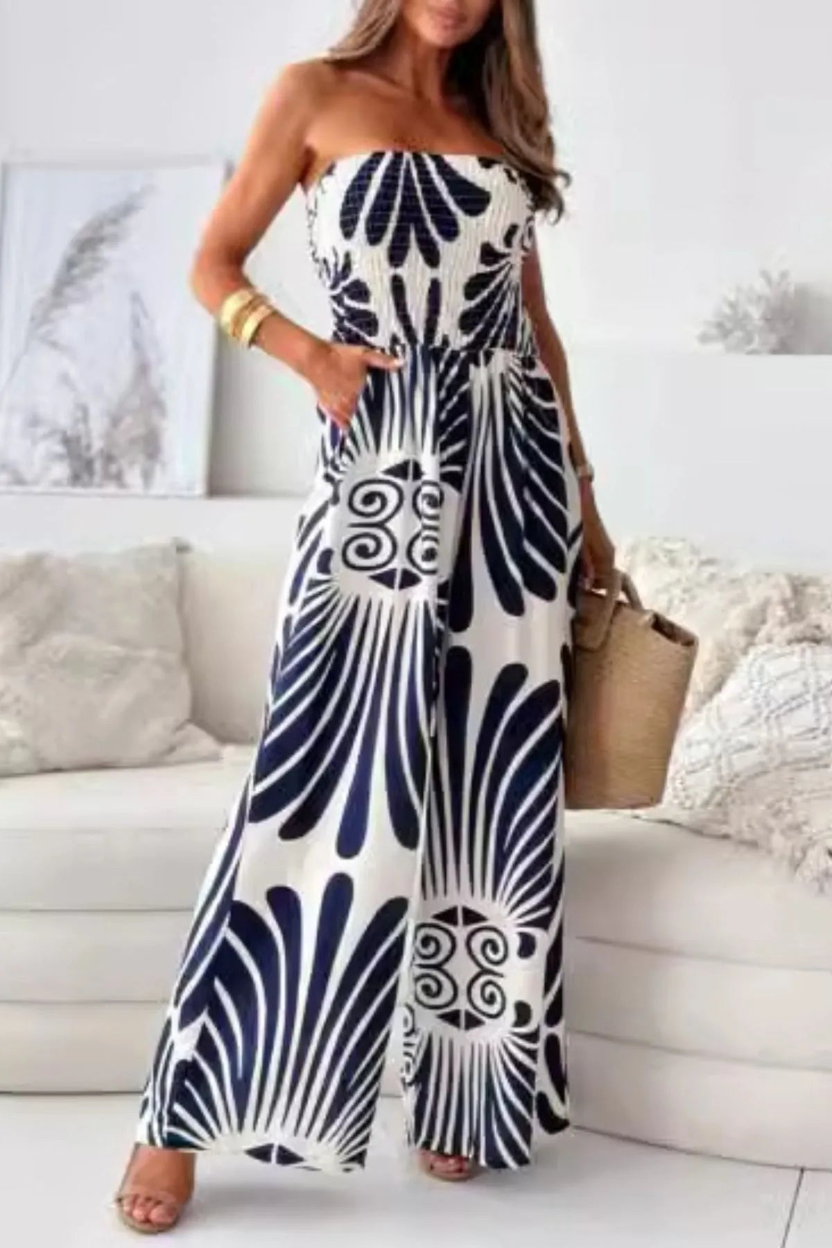 Printed Smocked Tube Wide Leg Jumpsuit - Tigbul's Variety Fashion Shop