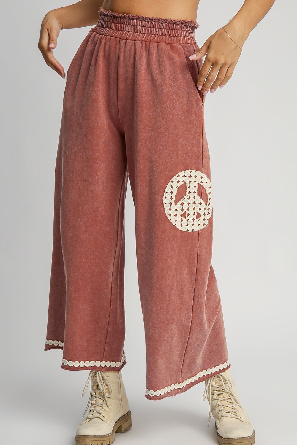 Umgee Full Size Peace Lace Applique Mineral Wash Wide Leg Pants Plus Size - Tigbul's Variety Fashion Shop