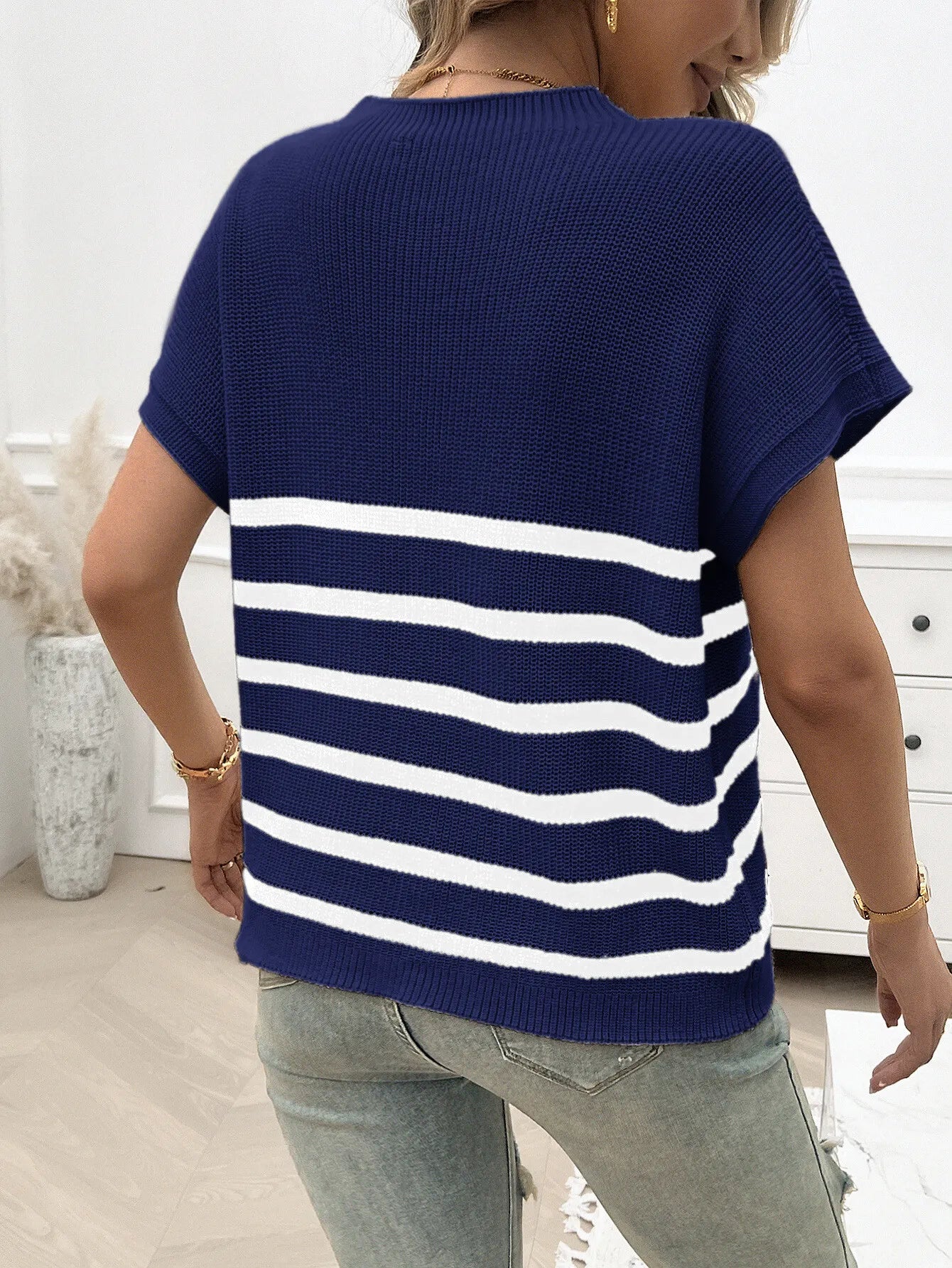 Striped Round Neck Short Sleeve Sweater - Tigbul's Variety Fashion Shop