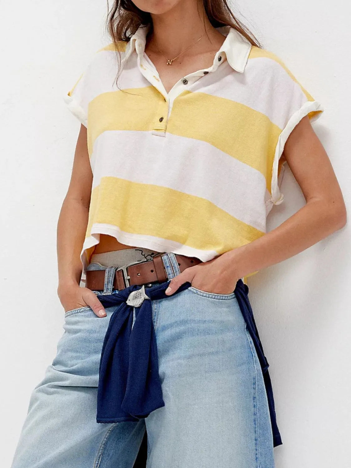 Striped Collared Neck Short Sleeve Top - Tigbul's Variety Fashion Shop