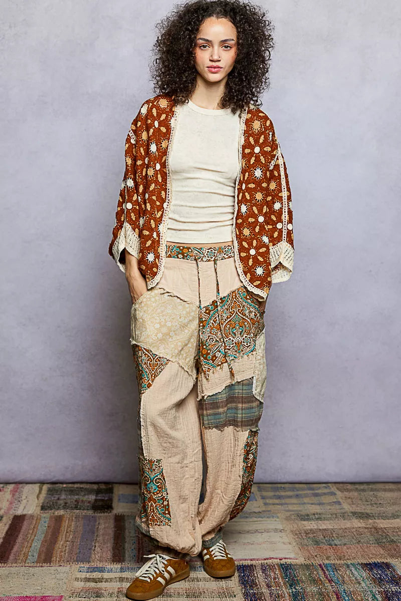 Brown Open Front Floral Pattern Crochet Cardigan - Tigbul's Variety Fashion Shop