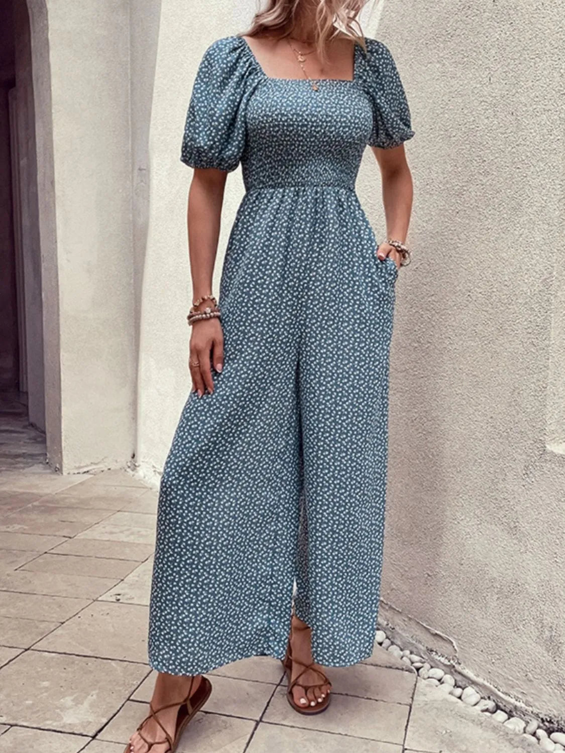 Printed Square Neck Puff Sleeve Jumpsuit - Tigbul's Variety Fashion Shop