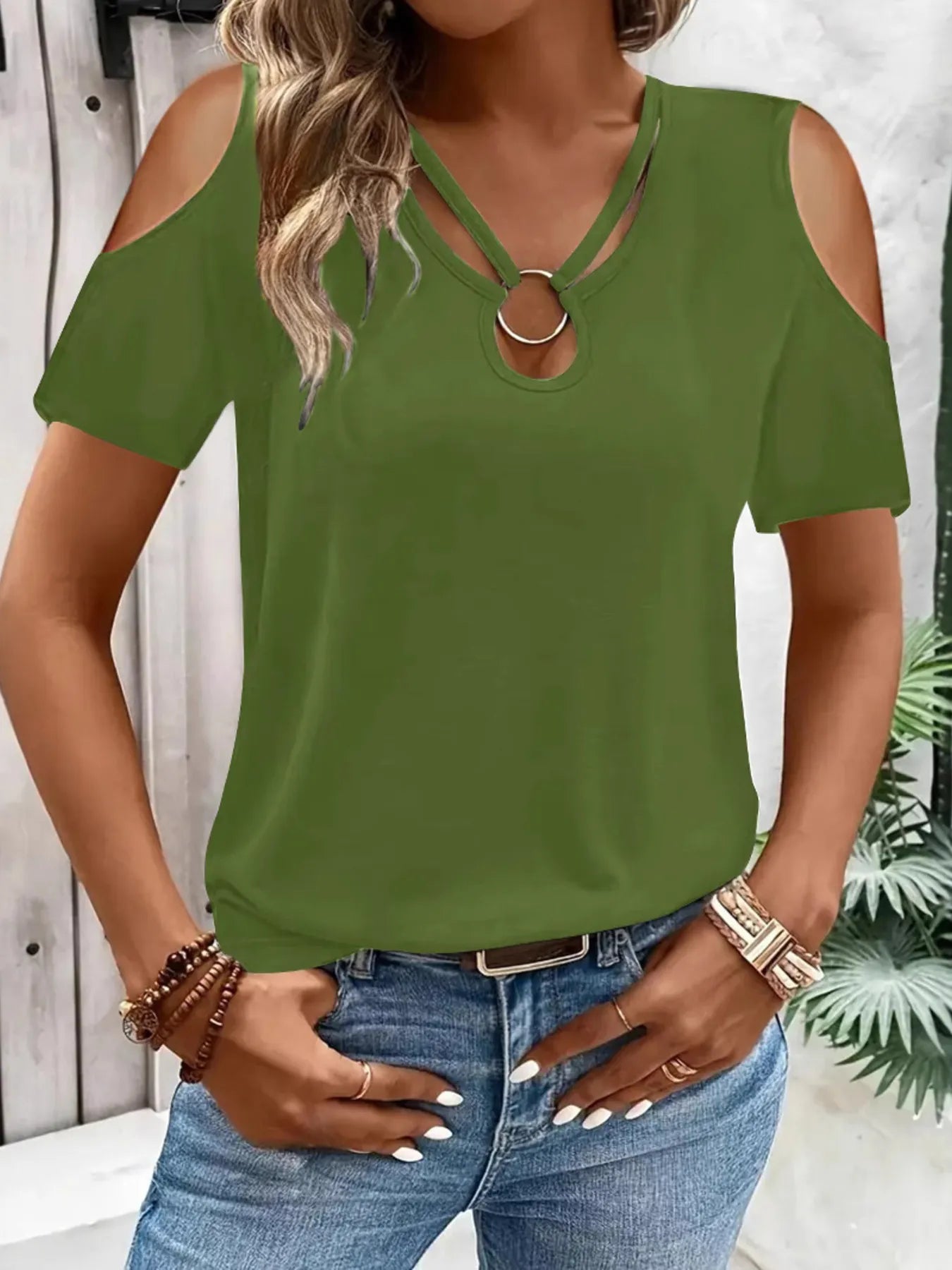 Cold Shoulder T-Shirt with Metal Ring Detail - Tigbul's Variety Fashion Shop
