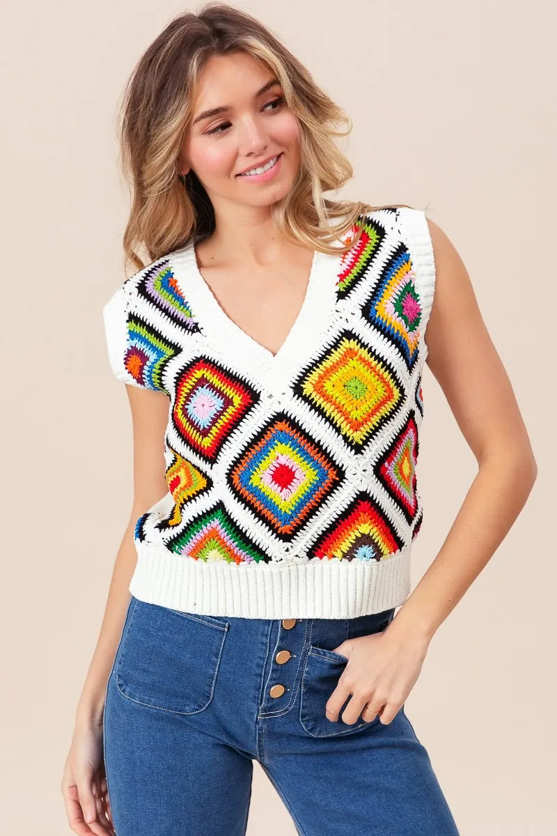 BiBi Diamond Granny Square Sweater Vest - Tigbul's Variety Fashion Shop