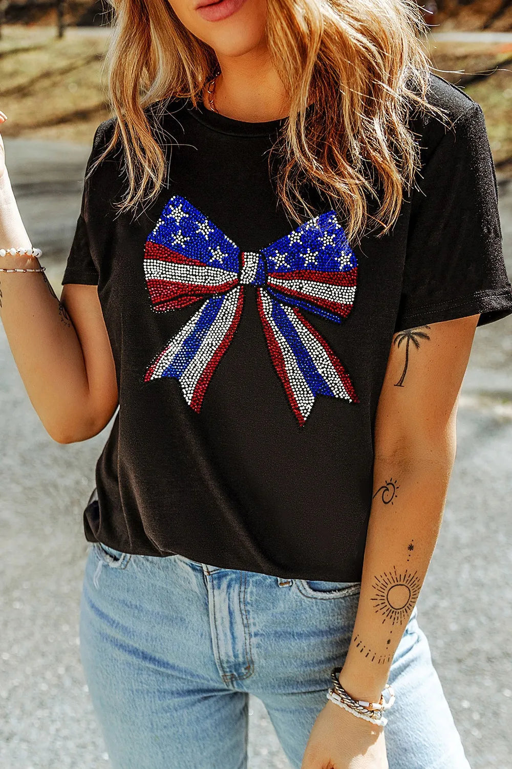 Bow Rhinestone Round Neck T-Shirt - Tigbul's Variety Fashion Shop