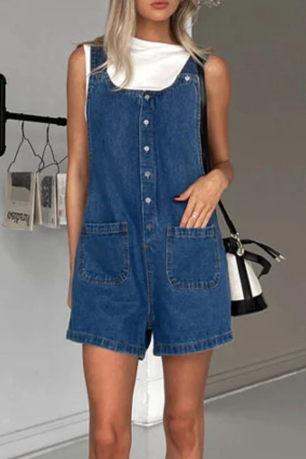 Button Front Denim Overall Shorts with Front Pockets - Tigbul's Variety Fashion Shop