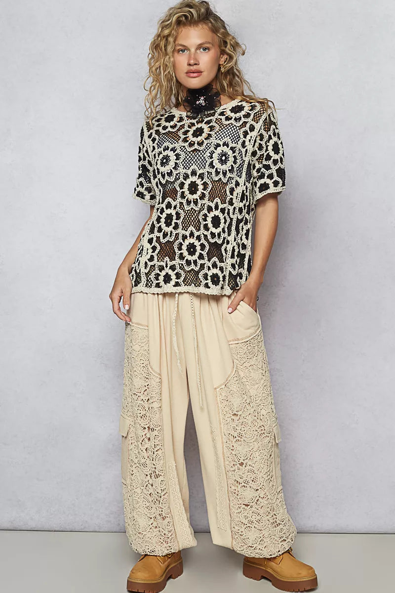 POL Openwork Short Sleeve Crochet Knit Top with Weave Knit Patterns - Tigbul's Variety Fashion Shop
