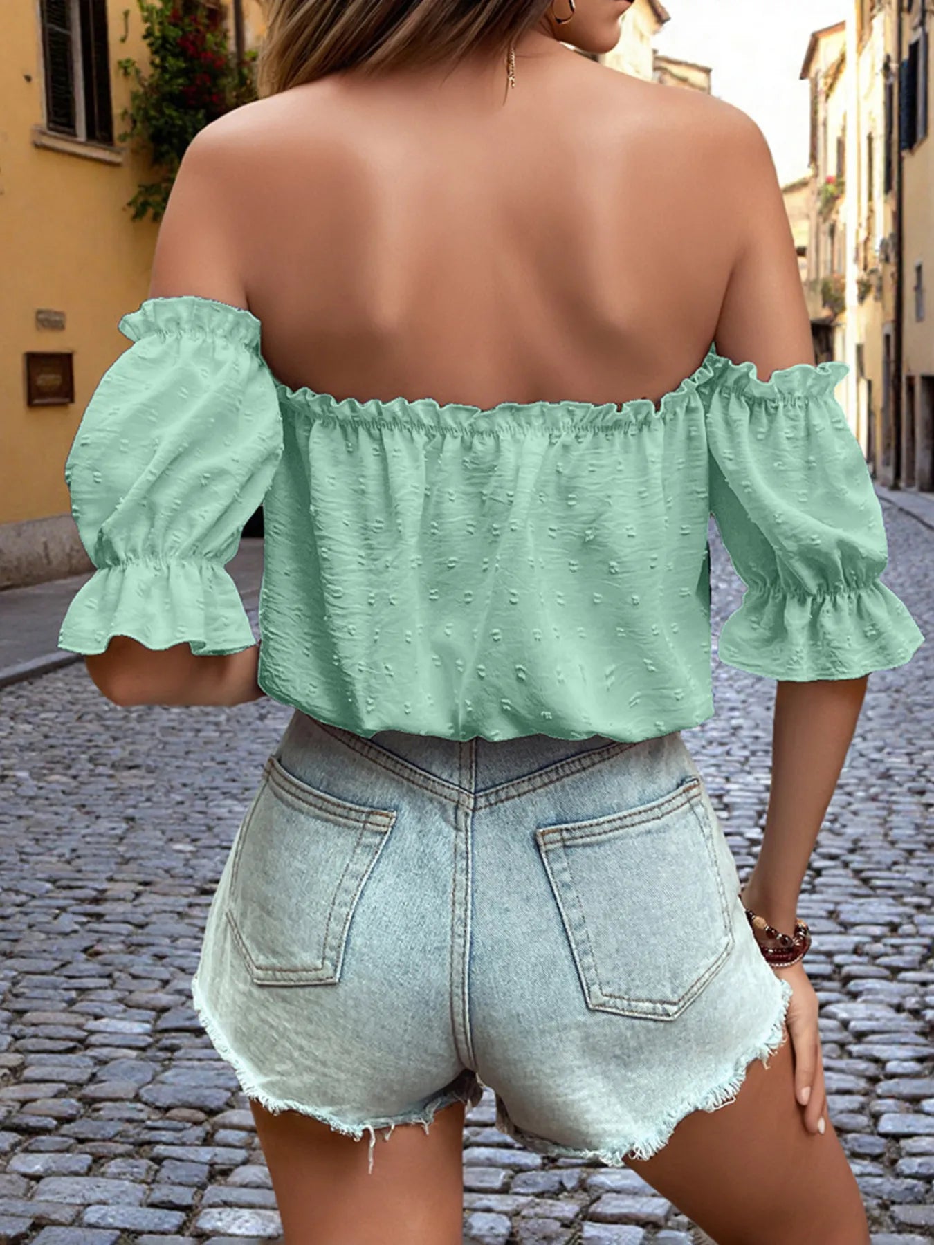 Off-Shoulder Swiss Dot Blouse with Tie Front Detail - Tigbul's Variety Fashion Shop