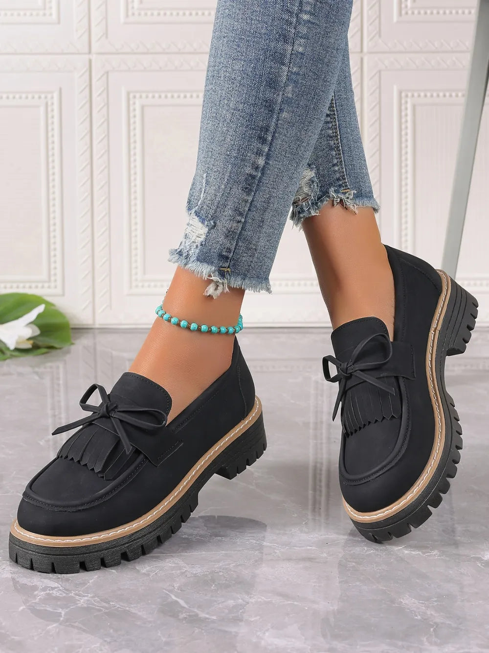 PU Leather Bow Platform Loafers - Tigbul's Variety Fashion Shop