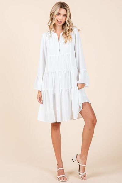 Ivory Tiered Notched Flare Sleeve Dress - Tigbul's Variety Fashion Shop