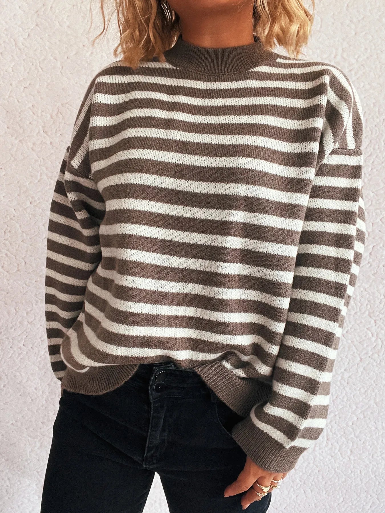 Striped Mock Neck Long Sleeve Sweater - Tigbul's Variety Fashion Shop