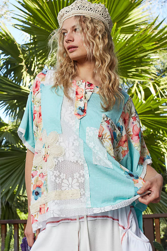 POL Lace Round Neck Short Sleeve Floral Pattern Top with Patch Detail - Tigbul's Variety Fashion Shop
