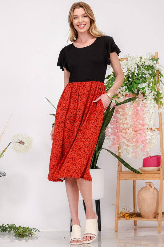 Two Tone Animal Print Flutter Sleeve Midi Dress - Tigbul's Variety Fashion Shop