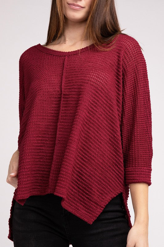 3/4 Sleeve V-Neck Hi-Low Hem Jacquard Sweater - Tigbul's Variety Fashion Shop