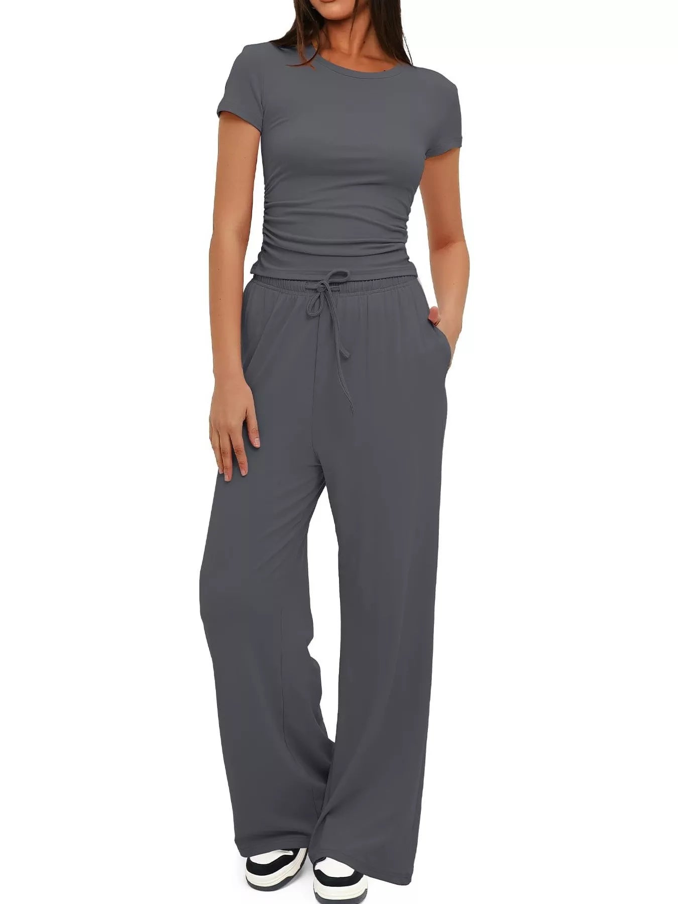 Round Neck Short Sleeve T-Shirt and Pants Set - Tigbul's Variety Fashion Shop
