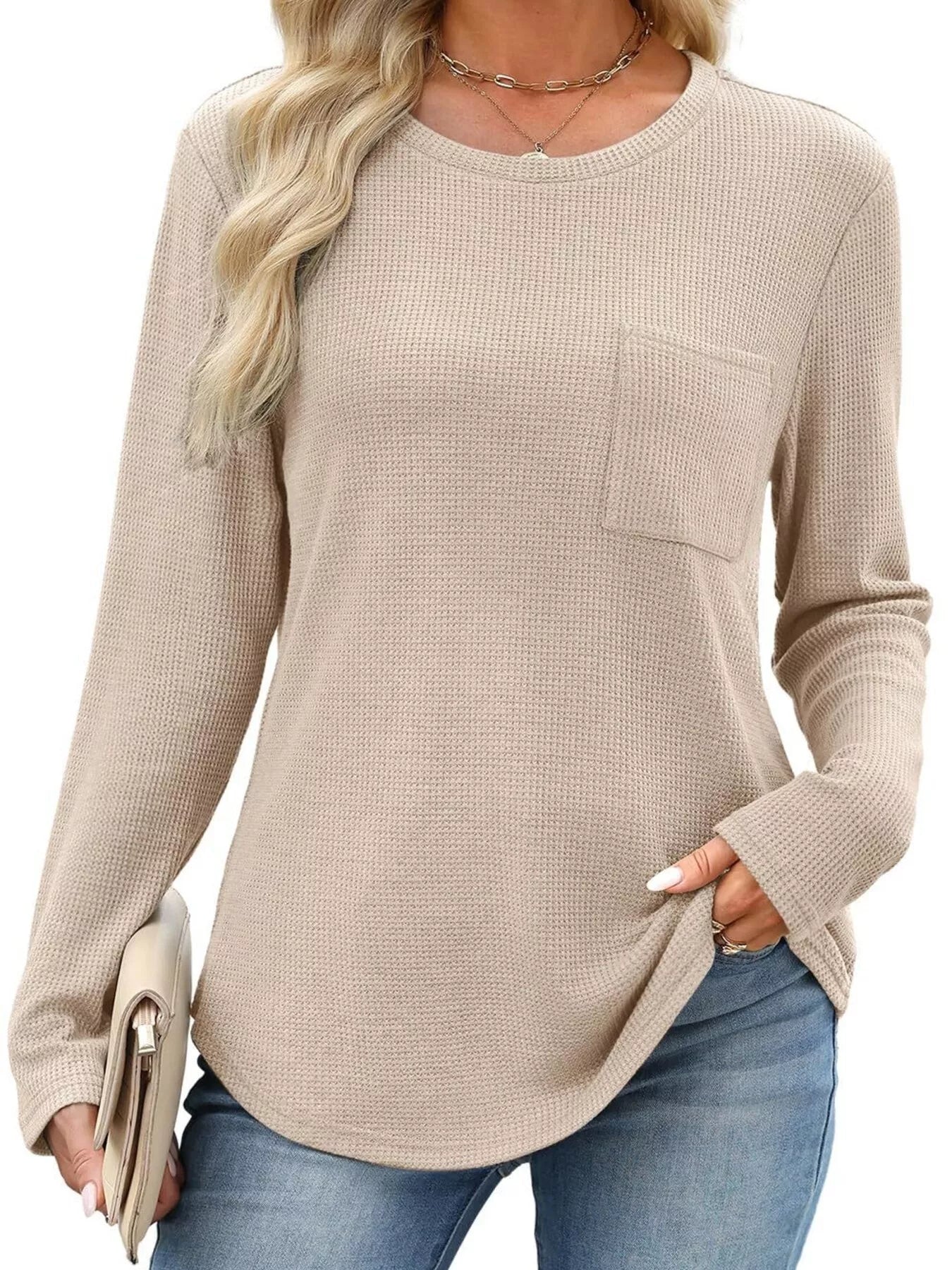 Waffle Knit Long Sleeve Pocket T-Shirt - Tigbul's Variety Fashion Shop