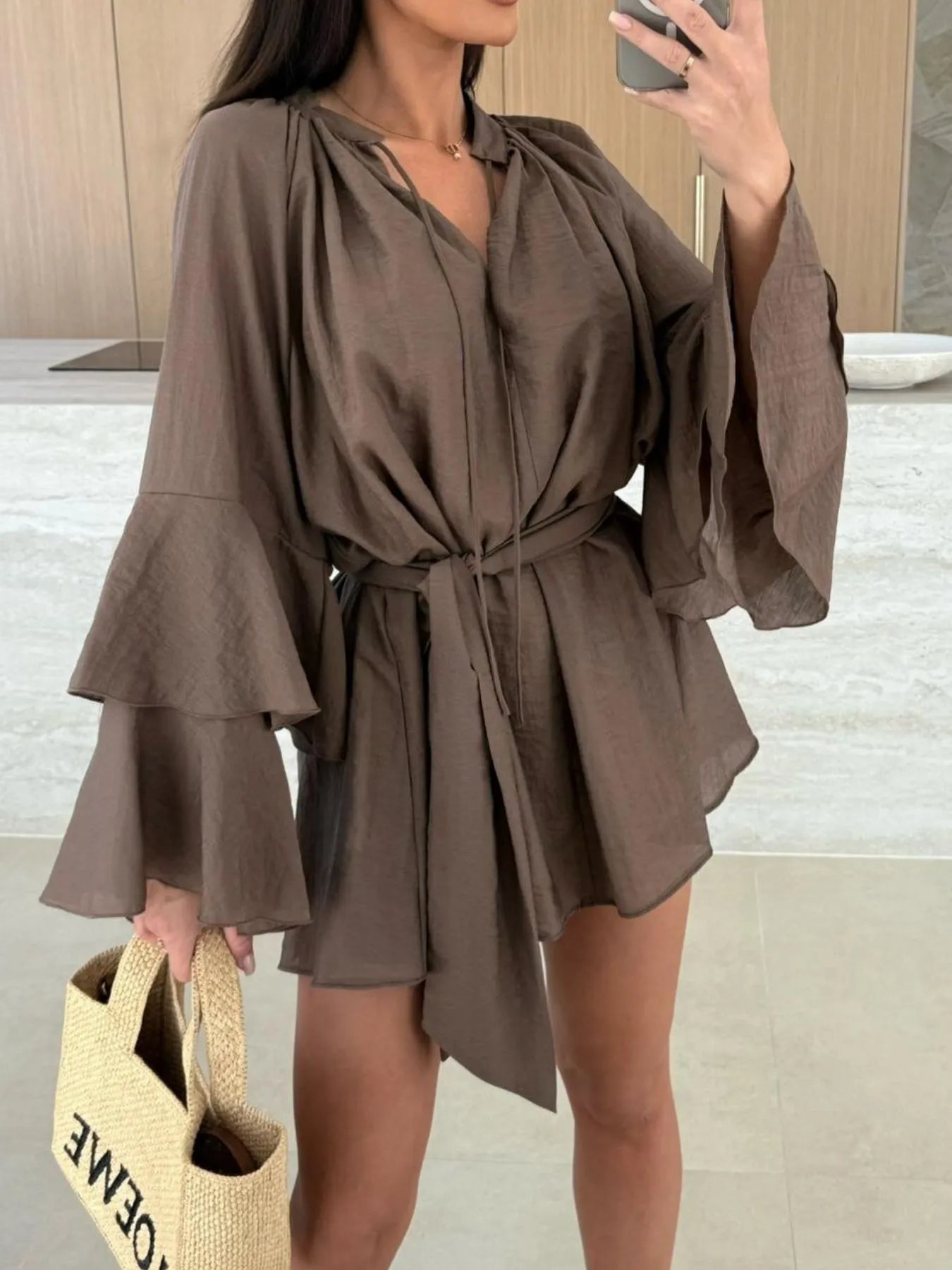 Bell Sleeve Tie Waist Mini Shirt Dress - Tigbul's Variety Fashion Shop