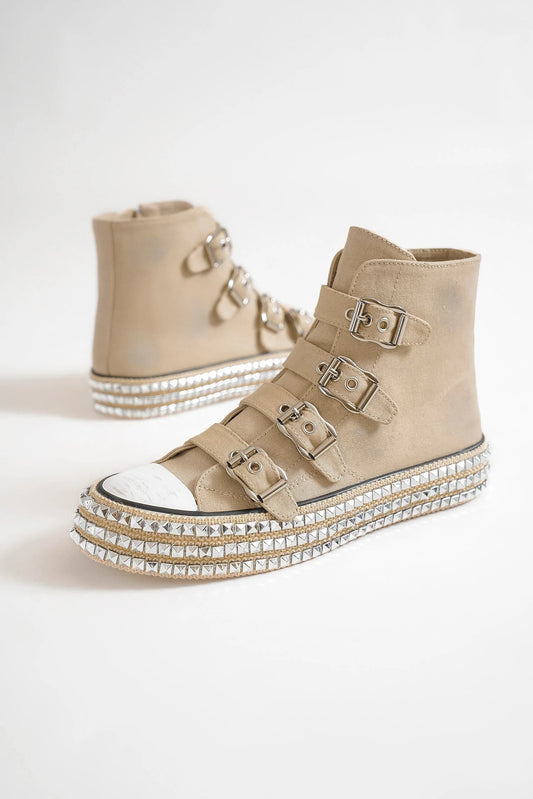 Khaki Multi-Buckle Straps Studded Platform Sneakers - Tigbul's Variety Fashion Shop