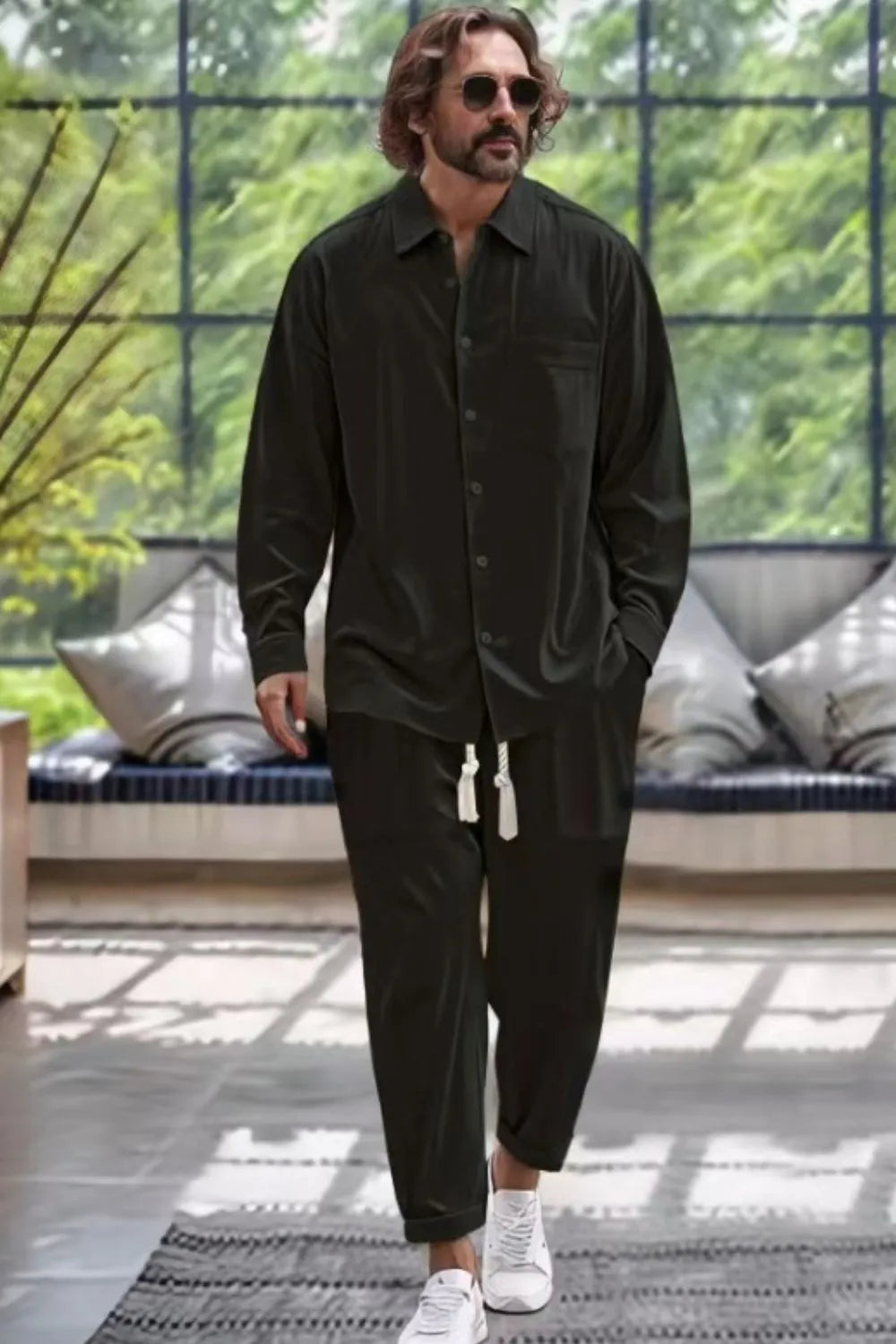 Men's Collared Neck Long Sleeve Top and Pants Set Plus Size - Tigbul's Variety Fashion Shop